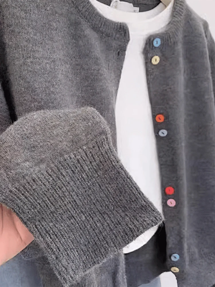 

Шикарный женский кардиган из 100% шерсти с круглым воротником, свитер-пальто с цветными пуговицами, одежда на весну, осень, зиму, трикотажные топы с длинными рукавами