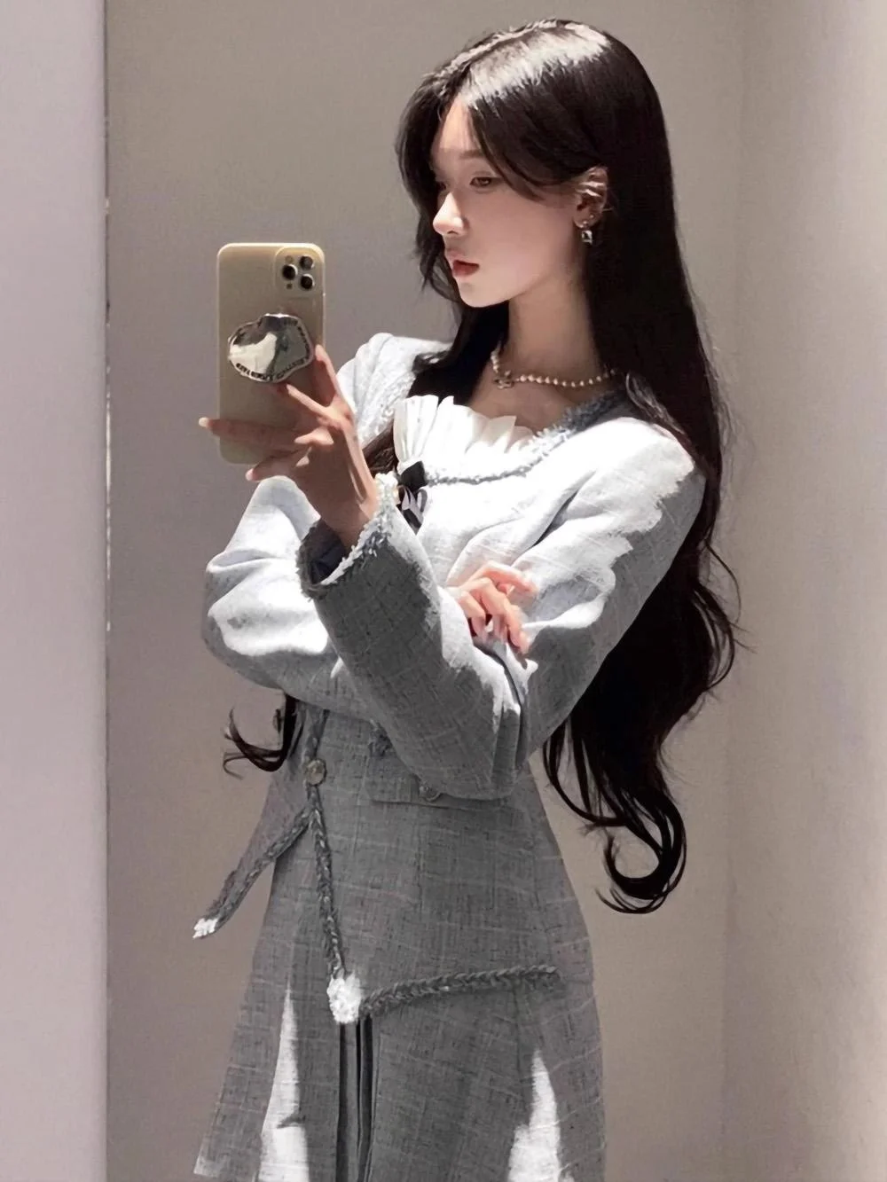 

Tweed Jacket Embellished Button Women Womens Summer Chiffon Satin Fairy Breathy Detachable Mini Two-Piece Elastic Tassels Gentle