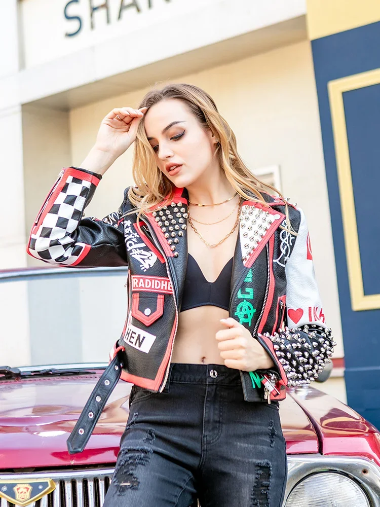 ZURICHOUSE Rock Punk Rivet Print PU Leather Jacket Women Slim Short Streetwear Motorcycle Jackets Female Chaqueta Mujer