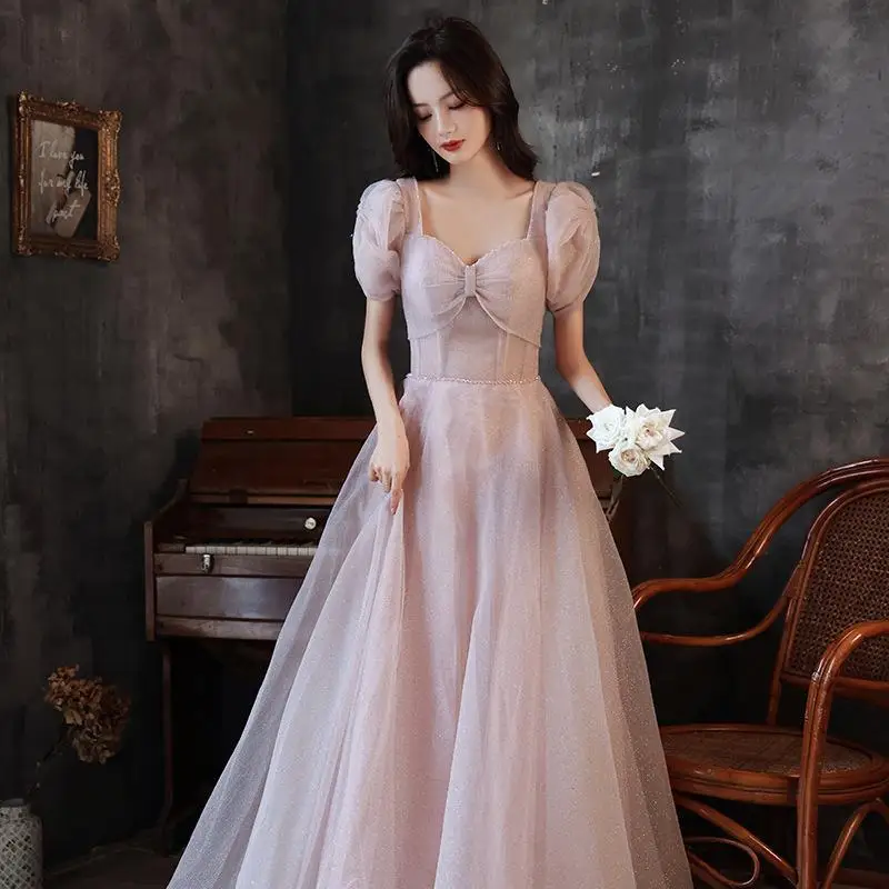 

French Style Evening Dress Women's Simple Shiny Tulle Square Collar Puff Sleeve A-Line Floor-Length Formal Banquet Prom Dresses