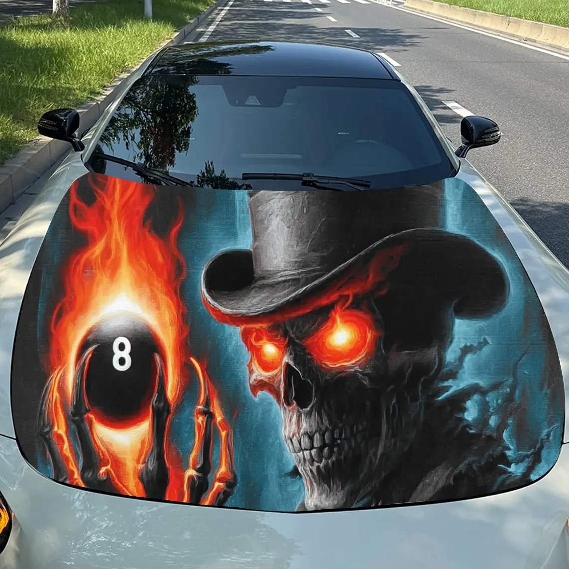 

Скелет Волшебник с дизайном огненных шаров, пленка на капот автомобиля, красочные водонепроницаемые виниловые декоративные наклейки для грузовиков, часть отсека двигателя