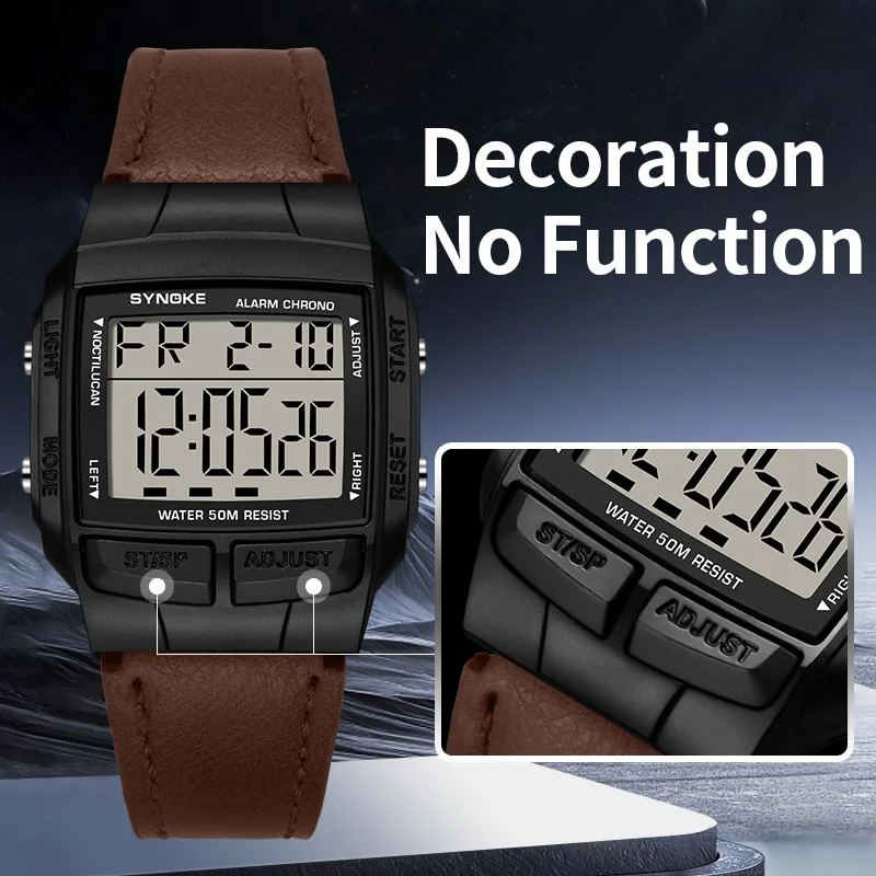 SYNOKE Multifunctional Waterproof Luminous LED Digital Watch PU Leather For Men Retro Fashion Belt Watch Men Outdoor Sports