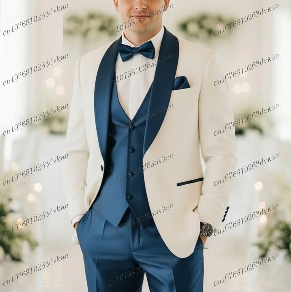 

White And Dark Blue Men Suit Wedding Party Formal Groom Groomsman Prom Business Male Tuxedos 3 Piece Set Jacket Vest Pants