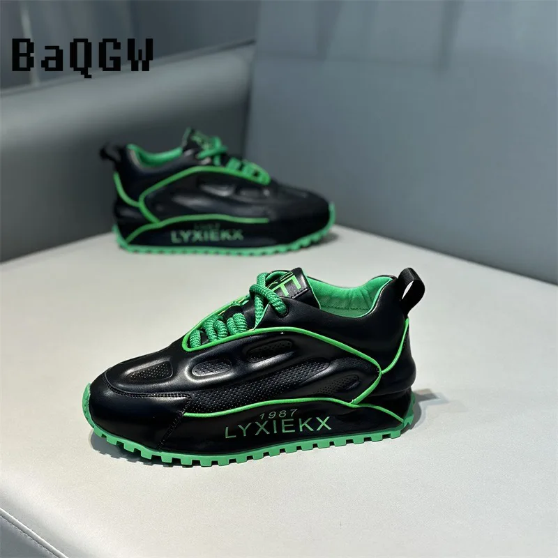 Color Block Luxury Chunky Sneakers Men Cover Bottom Board Shoes Fashion Casual Genuine Leather Increased Internal Platform Shoes