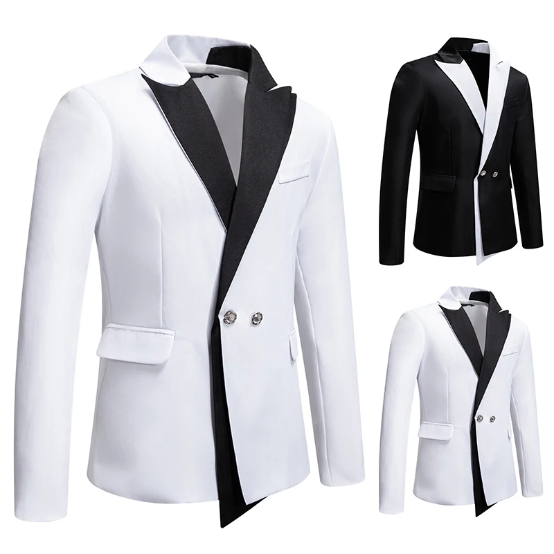 Luxury Designer Men Blazer Jacket Black White Patchwork Saco Formal Hombre Business Gentleman Suit Blazer Man Elegant Dress Coat