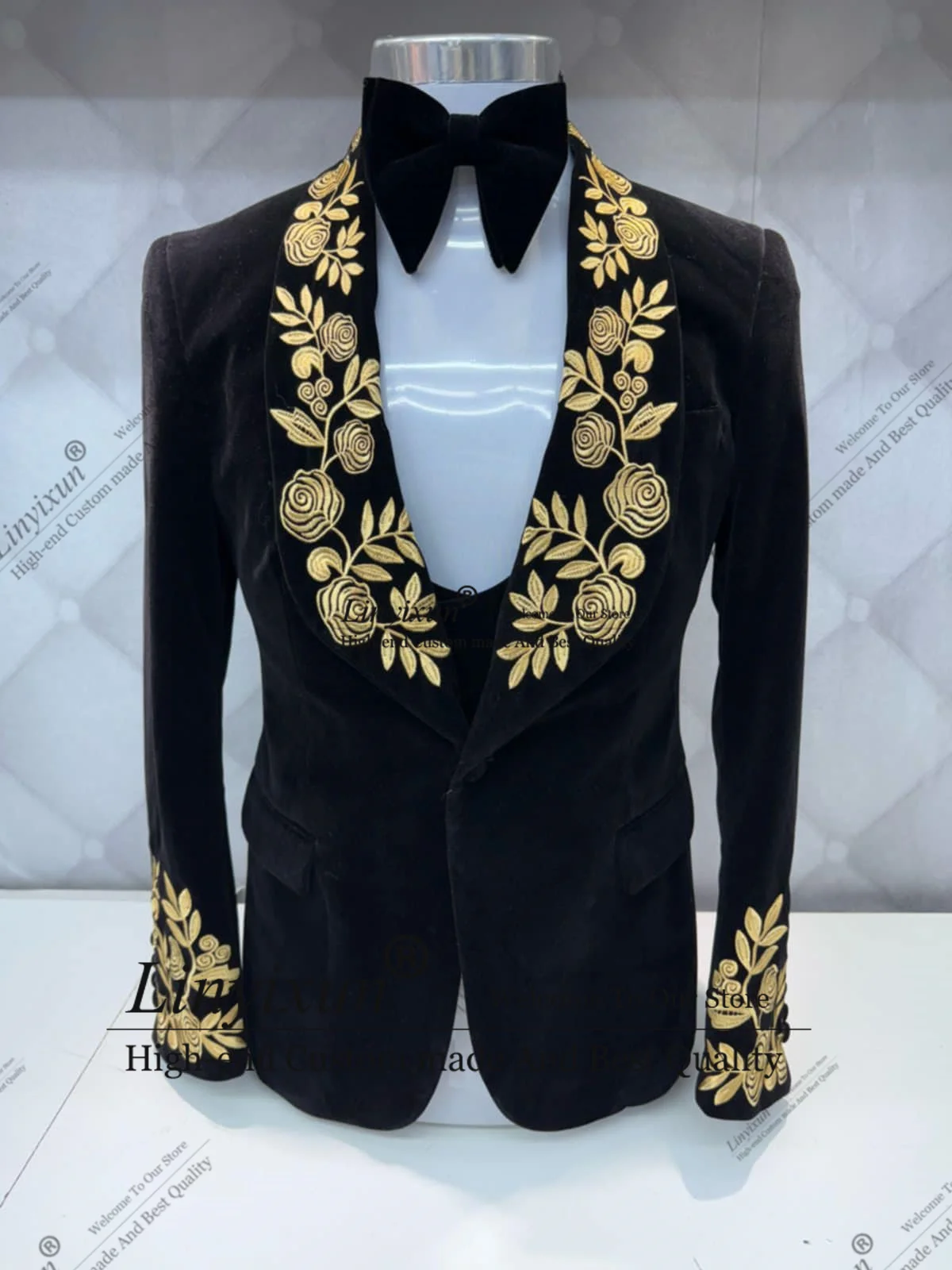 

Embroidery Men Suits 2 Pieces Male Prom Party Blazers Widde Lapel Slim Fit Wedding Groom Tuxedos Costume Homme Customized