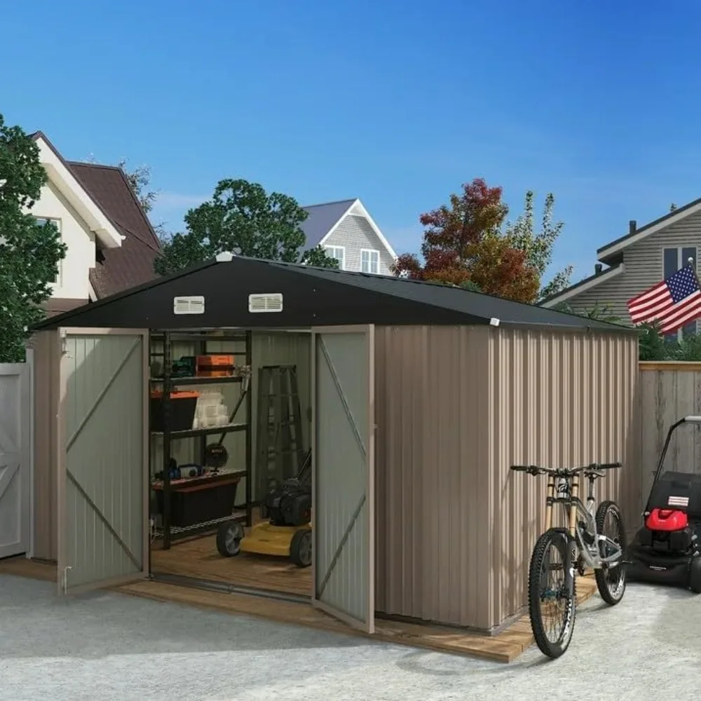 سقيفة تخزين معدنية خارجية مقاس 10 × 10 أقدام مع باب قابل للقفل للدراجات وتخزين الفناء الخلفي #2