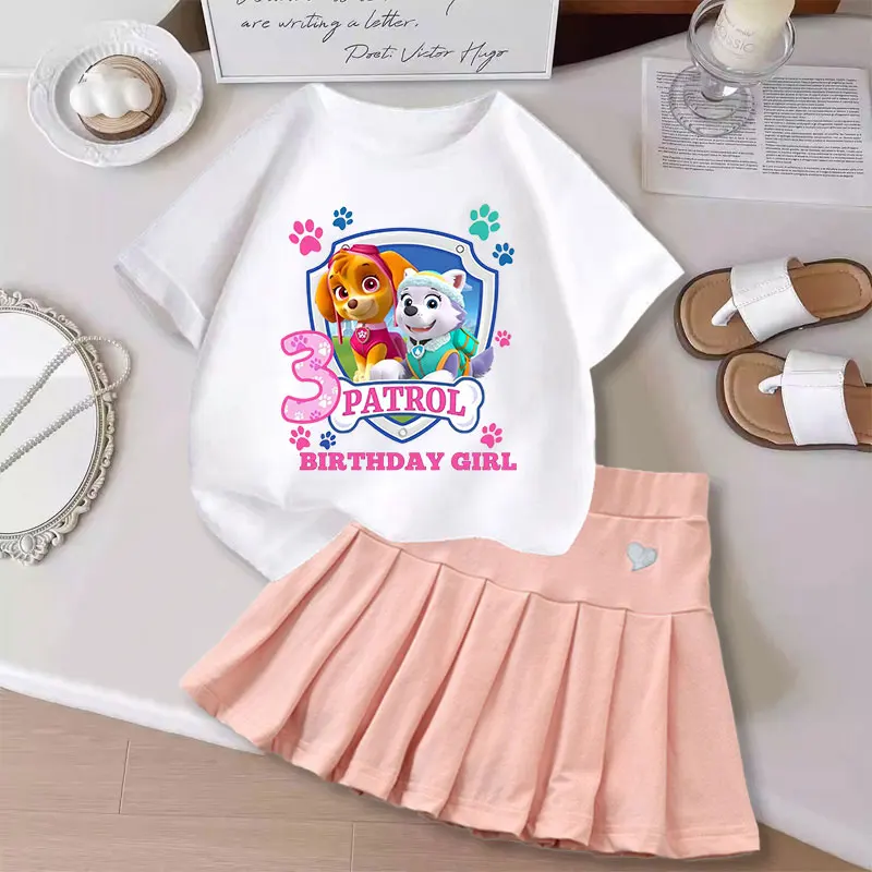 

2pcs Paw Patrol Sweet Skirt T-shirt Suit for Girls Cartoon Number Printed Short Sleeve Top Dress Set Kids Summer Beach Skirts