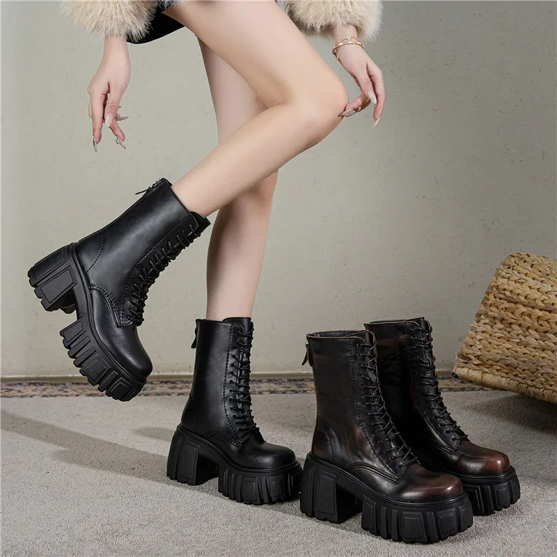 9CM Retro Distressed Mid Calf Boots Women Chunky Heel Platform Taller Slimming Single Boots Petite Friendly