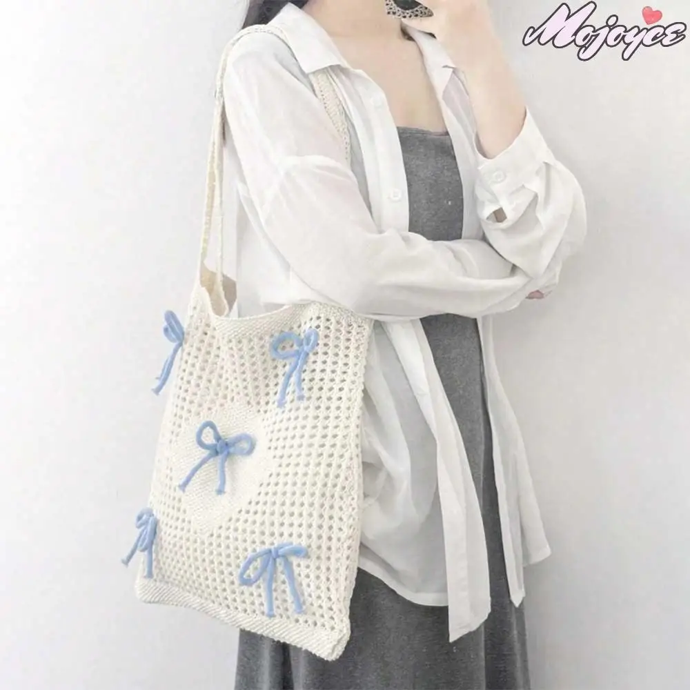 

Women Bow Crochet Shoulder Bag Retro Hollow Out Beach Bags Woven Mesh Knitted Grocery Bag Summer Travel Casual Bowknot Hobo Bags