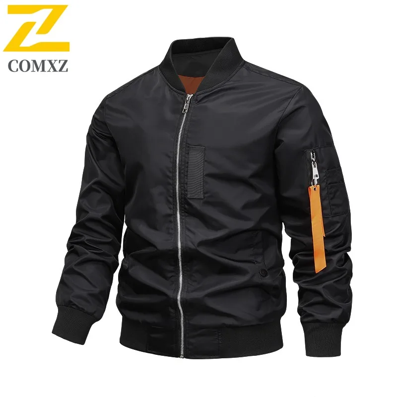 

COMXZ High Quality Men Jacket Baseball Collar American Style Windproof Coat Solid Color Design Cycling Autumn Mens Clothing