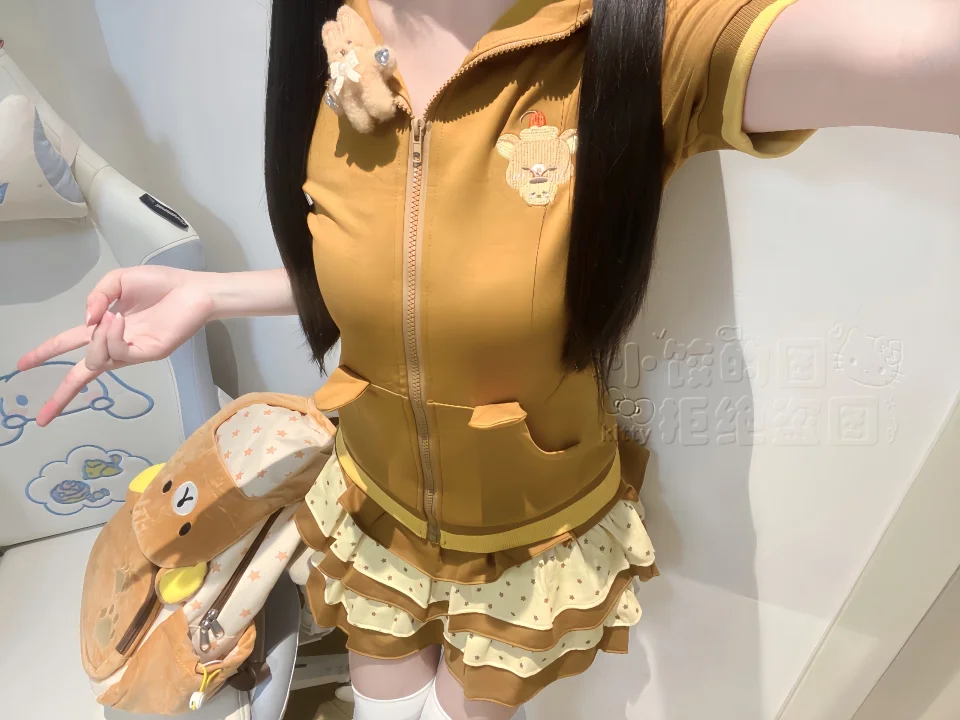 Bear Embroidered Short Sleeve Top Japanese Style Cute Soft Girl Summer Hooded Short Sleeve Zipper Jacket Women Slimming Top