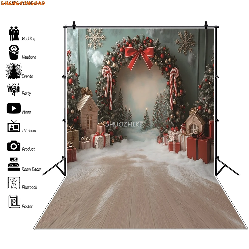 Merry Christmas Photography Background Xmas Tree Gift Arch Door Christmas Decorations Family Party Photo Backdrop Studio