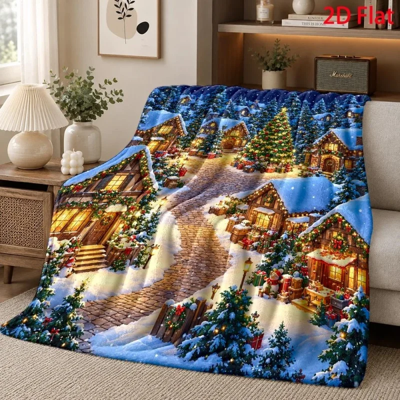 Christmas Snowy Village Cabin Print Throw Blanket, Illuminated Winter Town Scenery Decor Sofa Throw Blanket