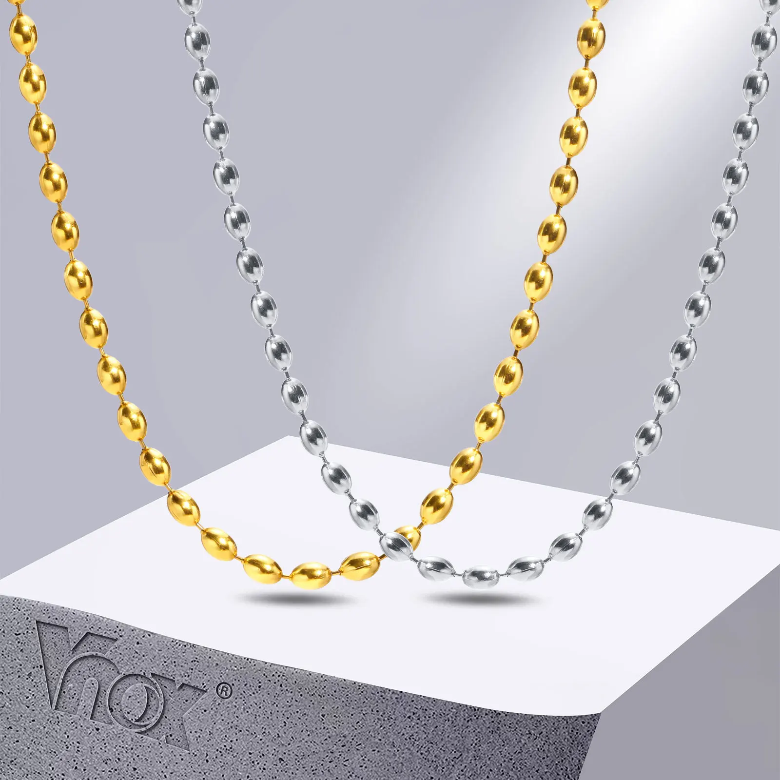 Vnox New 5MM Rugby Beads Chain Necklaces for Women Men, Stainless Steel Metal Choker Collar Gifts Jewelry