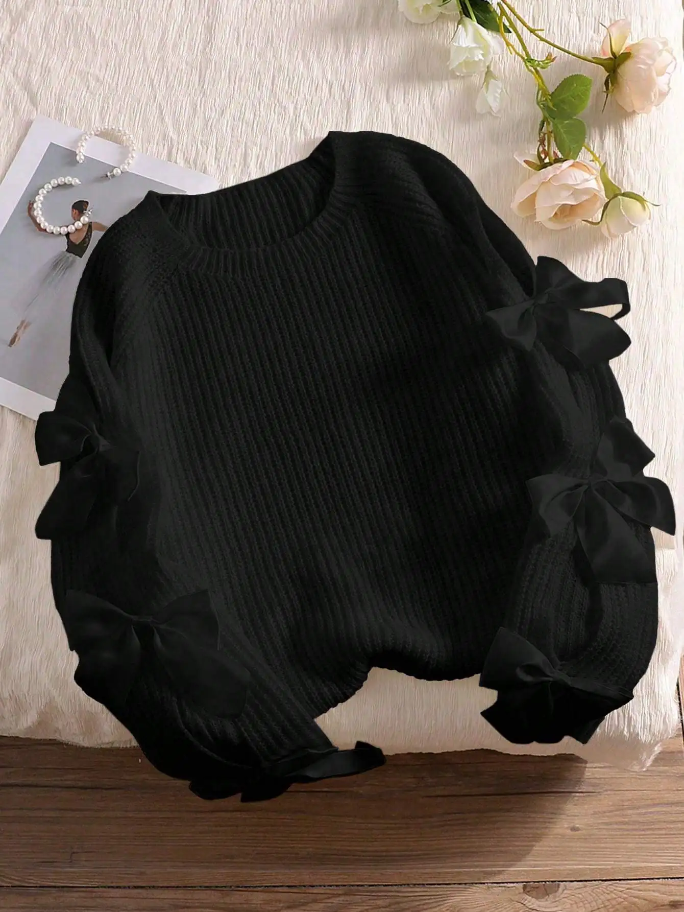 سترة توين جيرلز كاجوال برقبة دائرية وأكمام طويلة بفيونكة مجوفة، خريف/شتاء #1