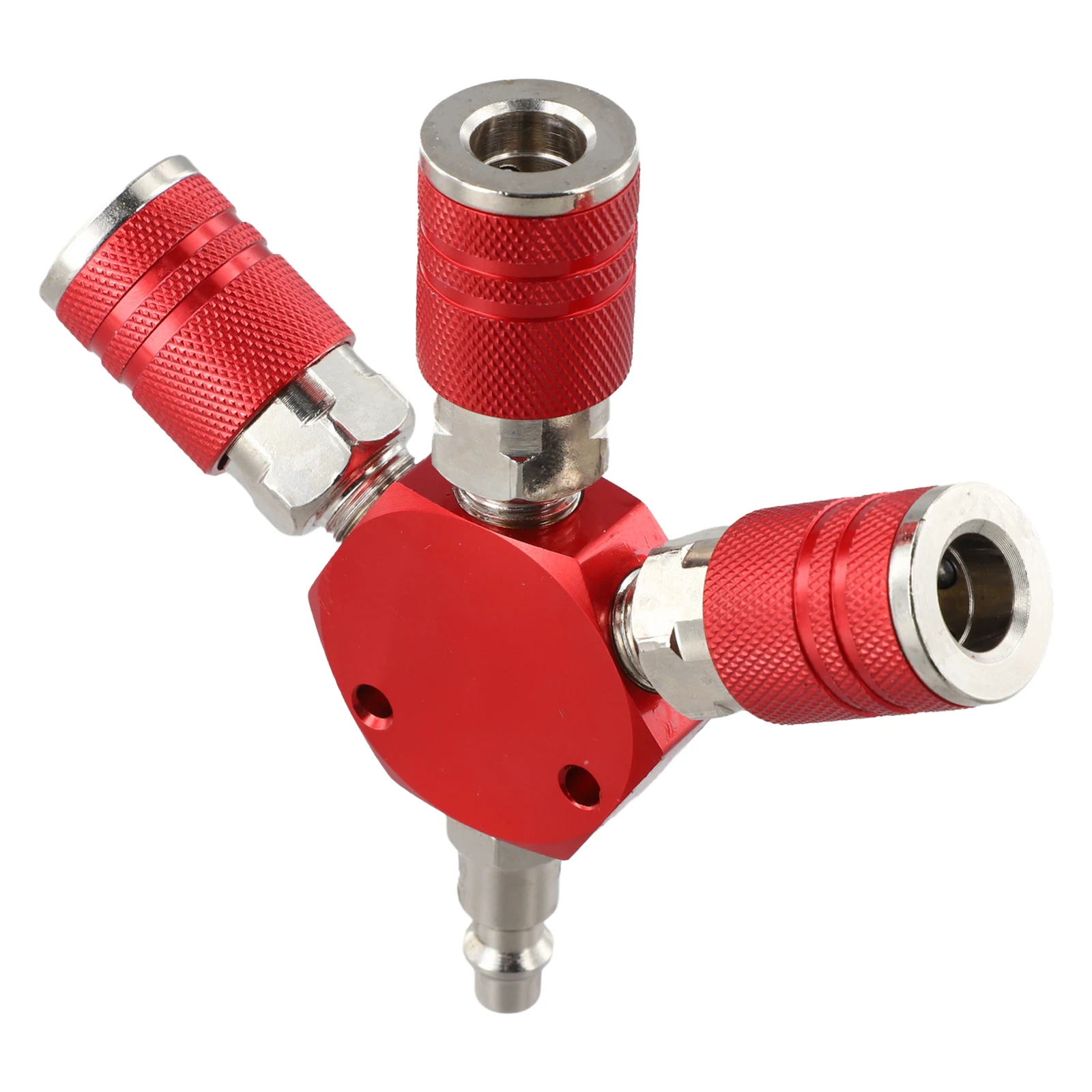 Red 3 Way Air Manifold Splitter 1/4 Inch NPT Brass Hex Style With Quick Connect Couplers For Air Compressor Hose System
