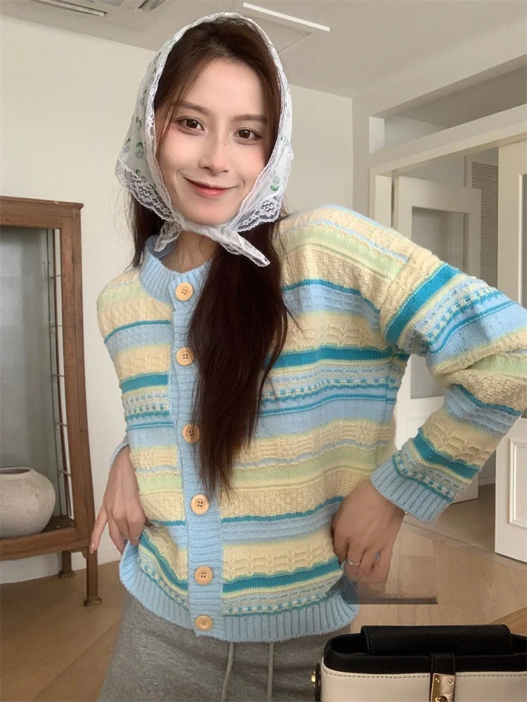 

Весна 2026: Женский свободный вязаный кардиган в полоску, тонкий, открытый, в корейском стиле, повседневный, удобный, мягкий