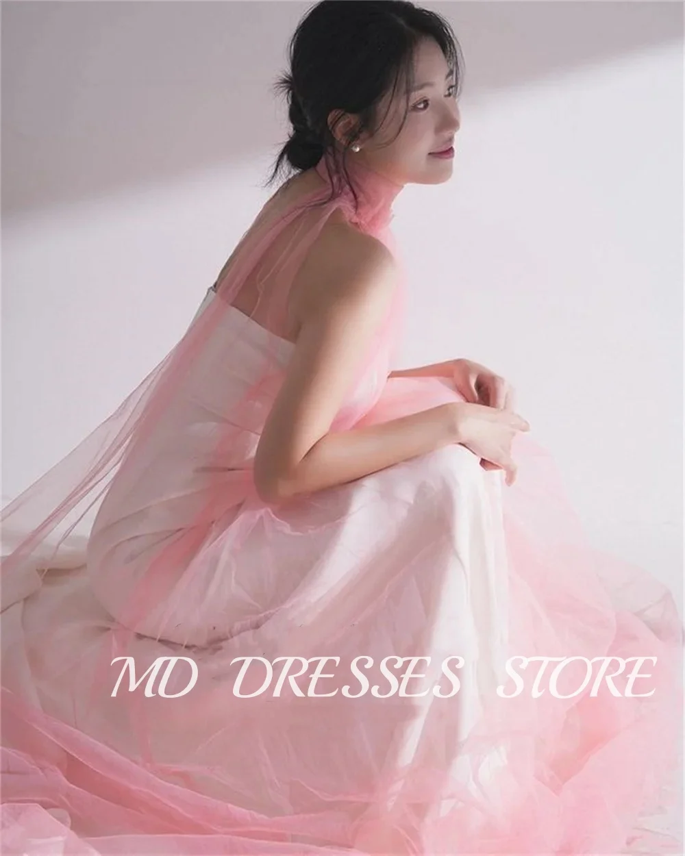MD Sweet Pink Wedding Dresses Korea Photoshoot High Neck Ruffles Tulle Sleeveless Floor-Length Corset Back Customized Party Gown