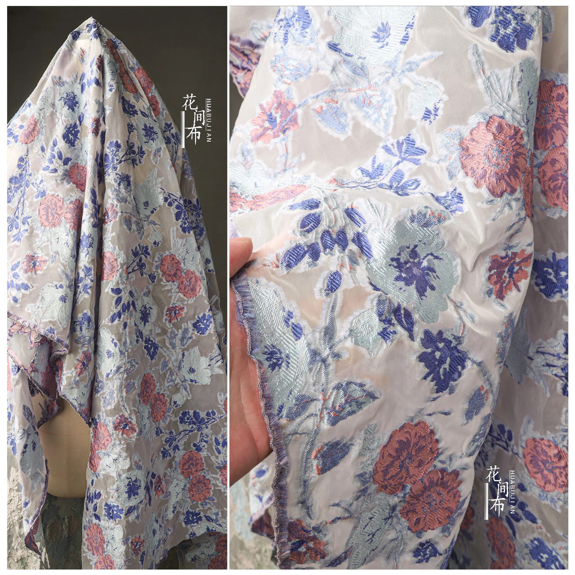 Colorful Jacquard Embroidery Fabric Translucent Chinese Style Dress Hanfu Windbreaker Coat Clothing Designer Diy Sewing Cloth