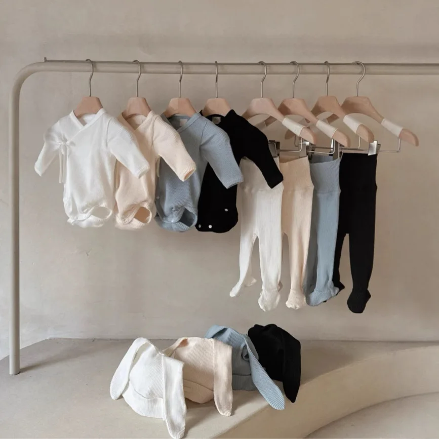 2026 Spring New Baby Long Sleeve Clothes Set Infant Boy Girl Solid Bodysuit + Leggings + Hat 3pcs Suit Toddler Cotton Outfits