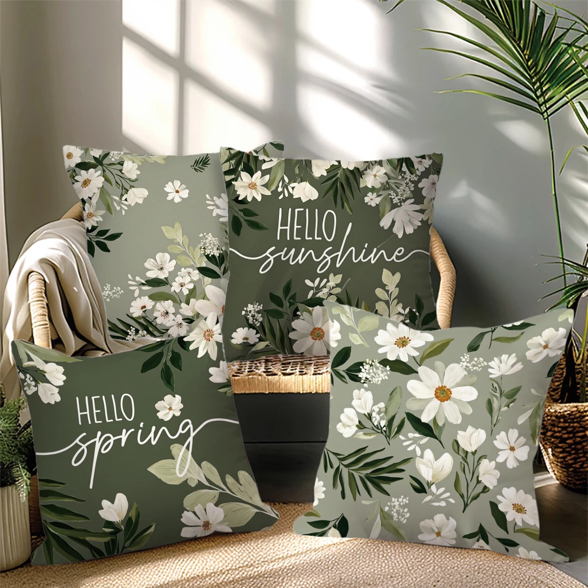 4pc Spring Floral Throw Pillow Covers Hello Sunshine Hello Spring Botanical Cushion Cases for Home Decor