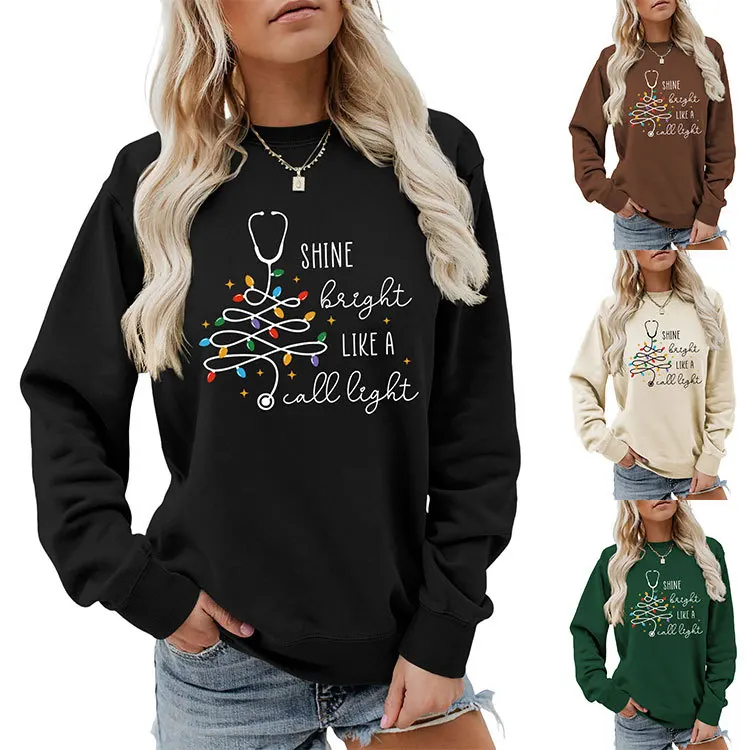 Autumn women's crew-neck casual hoodie shine bright like print loose long-sleeved fashion T-shirt tops with new pullovers