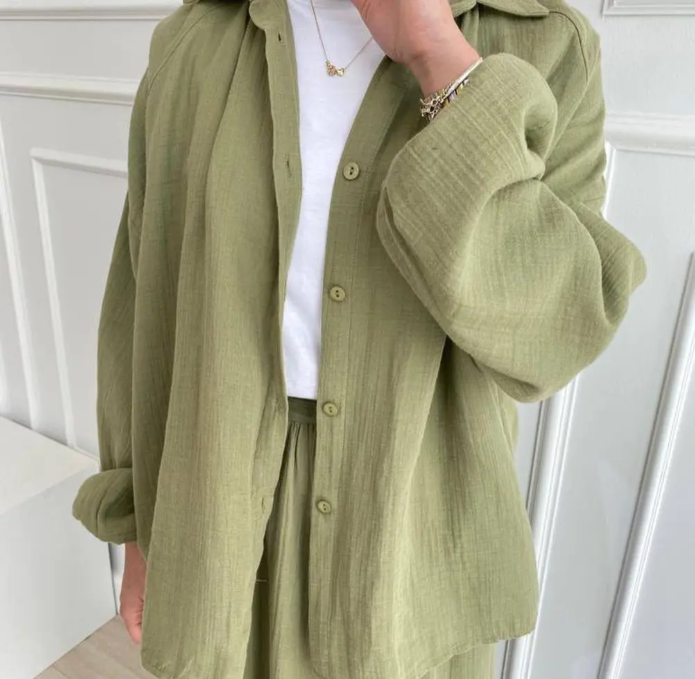 Casual Puffed Sleeve Shirt Muslim Sets Turn Down Collar Single-breasted Blouse Wide Leg Pant Suits Women Matching Set Outfits