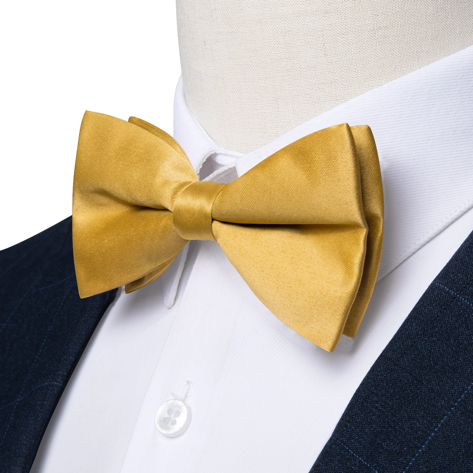 Klassische vorgebundene Fliege für Herren, Accessoire, goldfarbene Herrenfliege, Einstecktuch, Manschettenknöpfe, Set, Hochzeit, Business, Schmetterlingsknoten, Geschenke – Detail 3