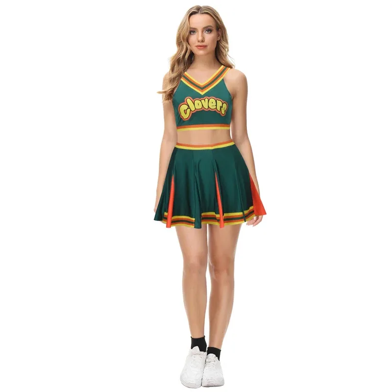 

qq34Bring it On Uniform Kids Adult Dark Green Clovers Printed Cheerleader Outfits Fancy Dress Tank Top Mini Skirt