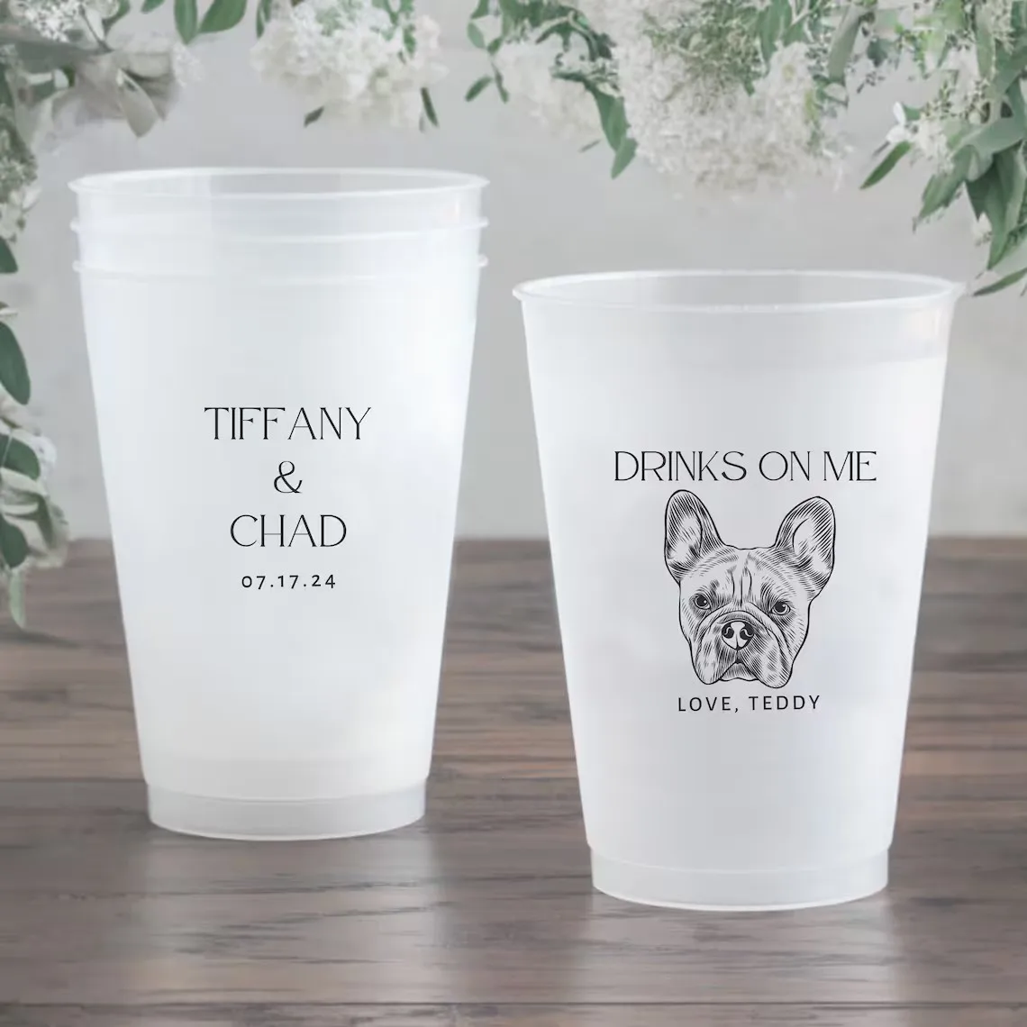 Custom Pet Portrait Wedding Frosted Cups, Custom Pet Illustration, Personalized Modern Wedding Favors, Beverage Holder, Custom C