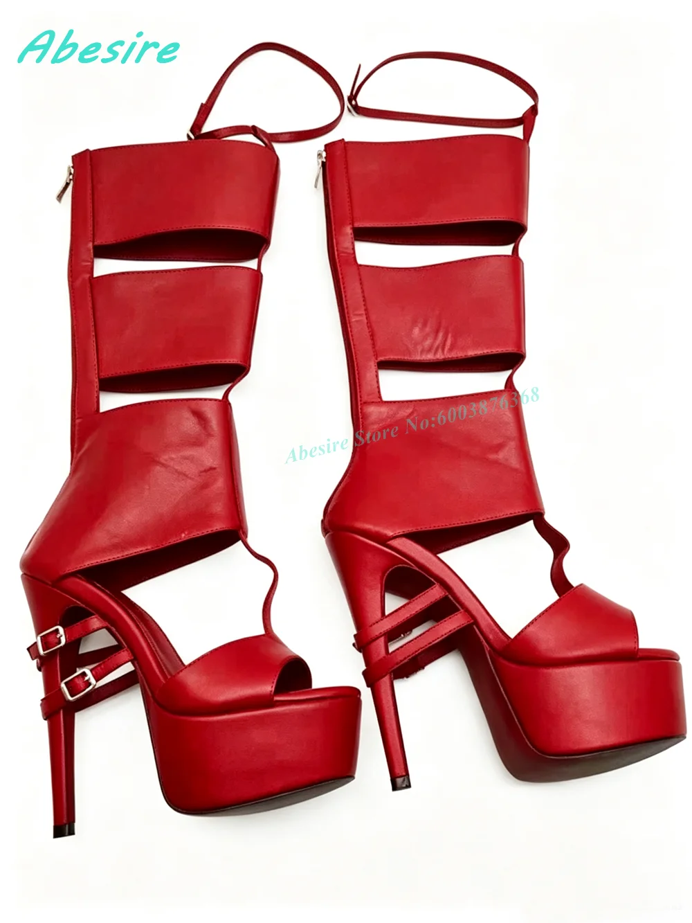 Women Shoes Boots - Rode Kunstleer Uitsparing Gladiator Kniehoge Sandaal