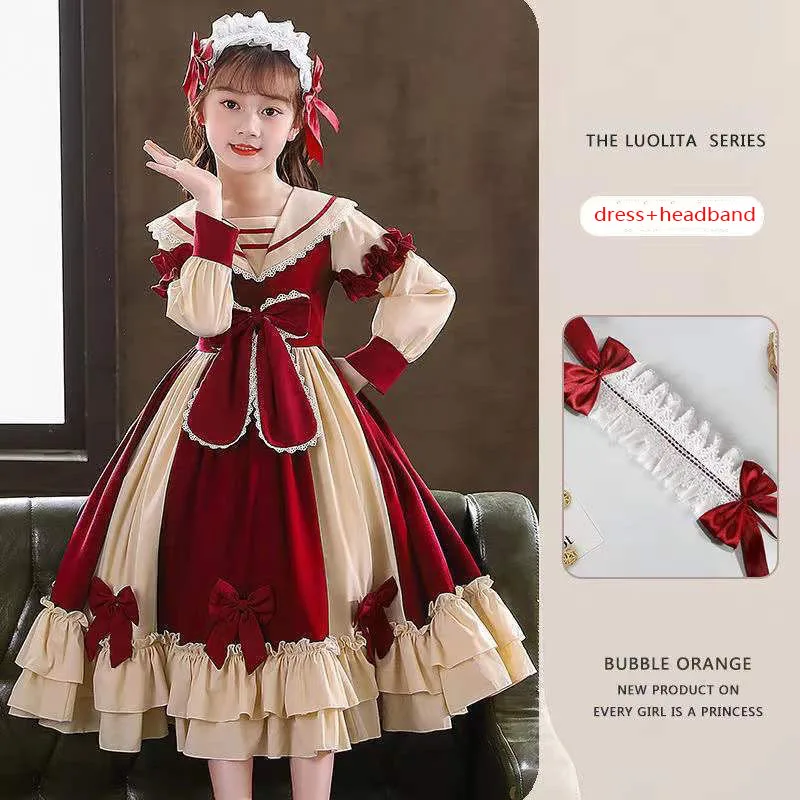 Vintage Victorian Retro Lolita Bow Dress for Girls Kids Long Sleeve Disguise Costume Child Birthday Party Princess Girls Dress