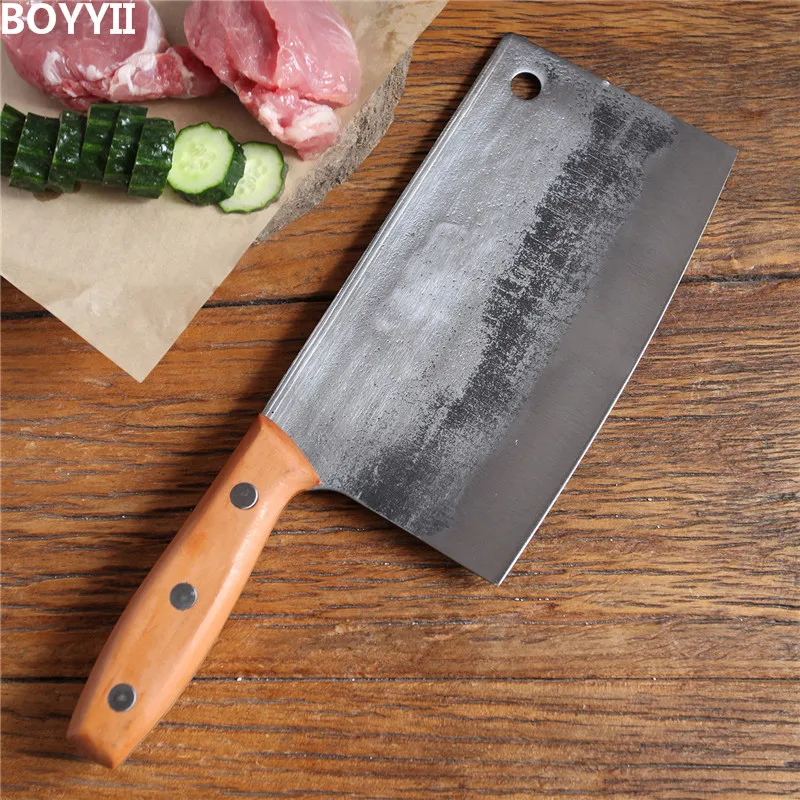 Old-fashioned Chinese Kitchen Cleaver Knife Traditional Handmade Forged Knife High Carbon Steel Slicing Knife Rose Wood Handle