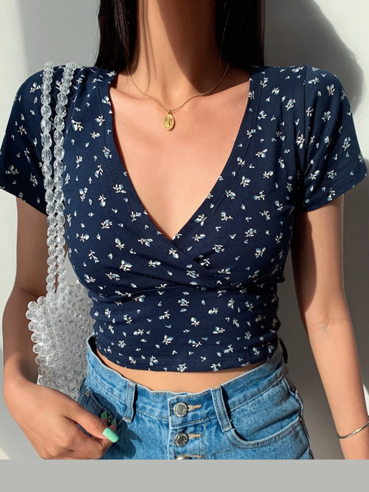 2026 Y2K Vintage Floral Cross Crop Top T-shirt Women Slim Short Sleeve V-neck Sexy Summer Clothes Tee Shirt Femme Woman Tops