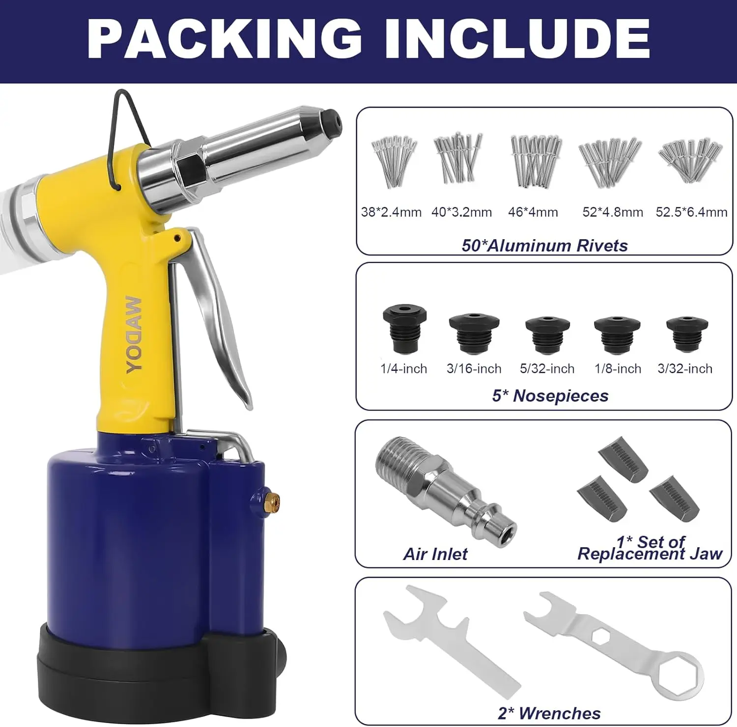 Rivet Gun Air Pop Riveter Gun Tool Kit 1/4" 3/16" 5/32" 1/8" and 3/32" Capacity Nosepieces with 50PCS Rivets Upgrade Pop Pneumat