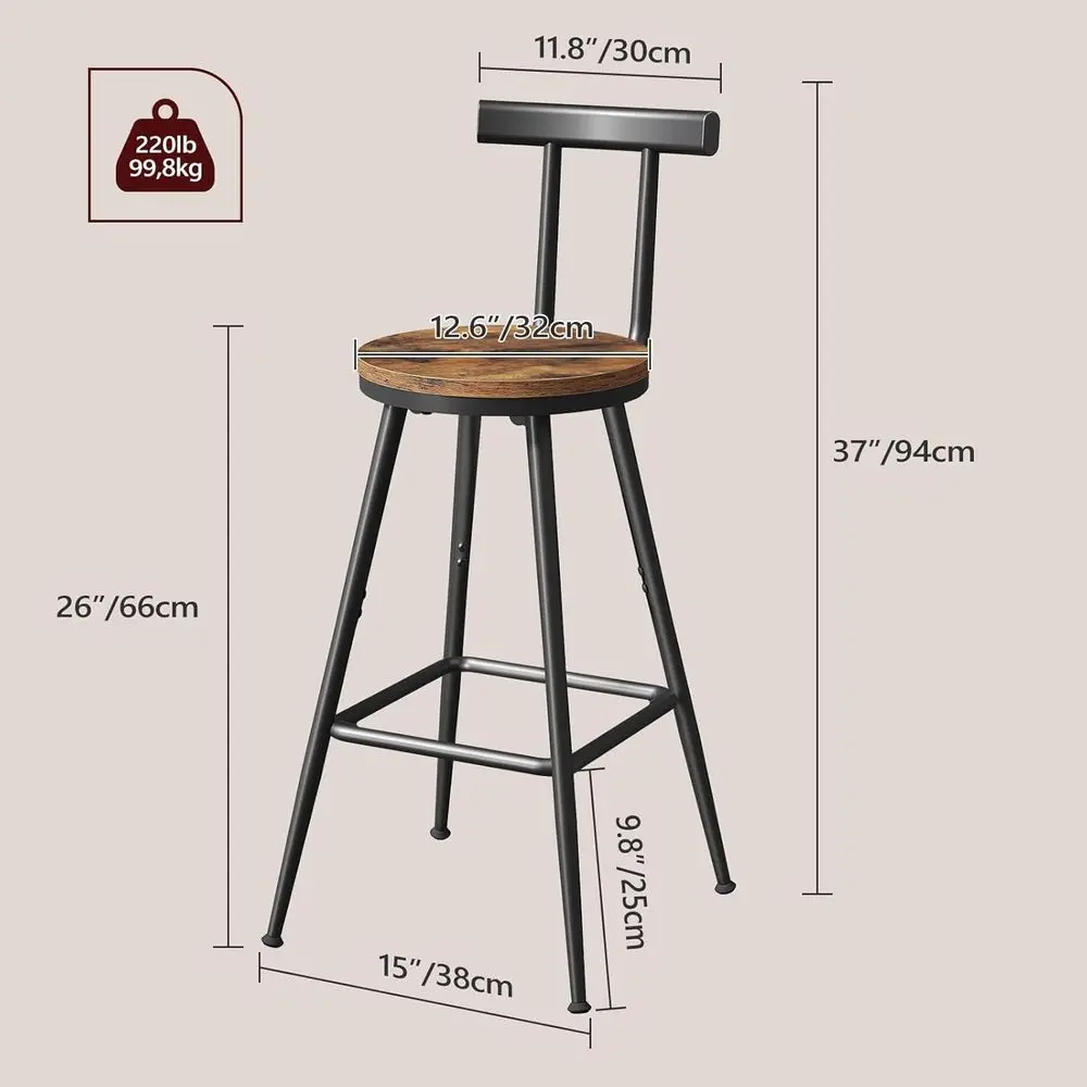 Pair of 26 Rustic Brown Metal Counter Height Bar Stools with Backrest, Footrest, Adjustable Feet for Kitchen, Living Room, and P