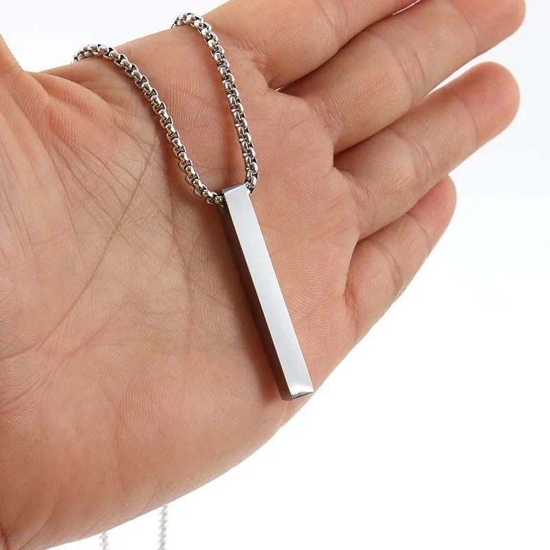 Simple Blank Silver Wishing Bar Pendant Necklace Charm Men Women Waterproof Dangle Vertical Cuboid Stick Jewelry Gift