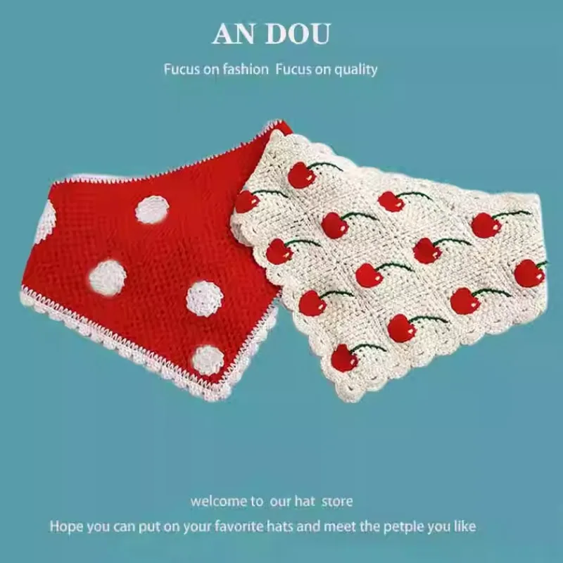 Korean Ins Dopamine Pastoral Knitted Triangular Hair Scarf for Women Sweet and Cute Little Cherry Pullover Headscarf Hats