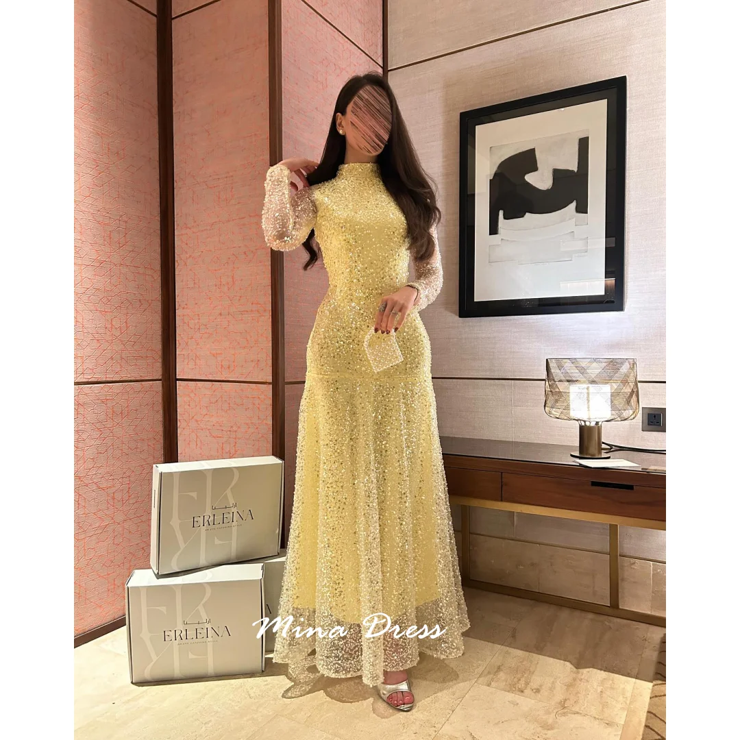 

Блестки Mina по индивидуальному заказу. Роскошные женские вечерние платья с длинными рукавами, женские элегантные вечерние платья, женское платье с круглым вырезом для выпускного вечера