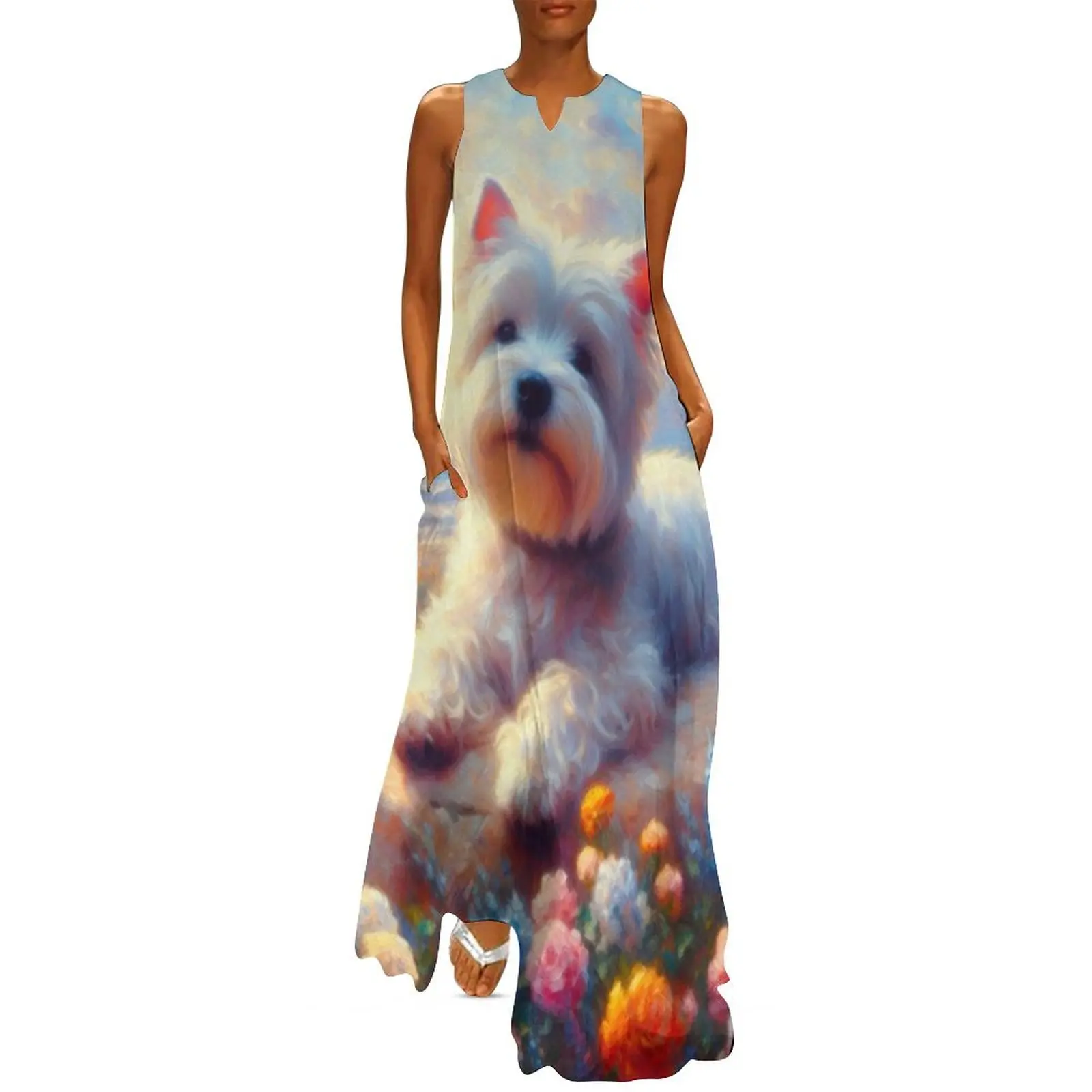 Floral Westie Painting - West Highland Terrier Long Dress clothes Female clothing clothes for women