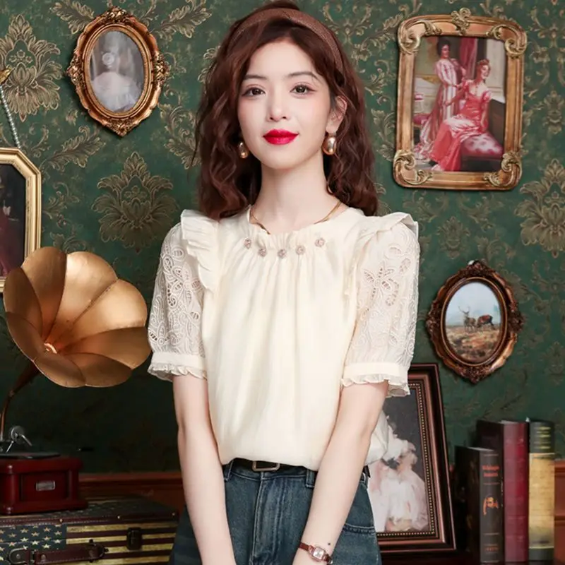

National Style Hollow Out Short Sleeve Chiffon Top New Summerle Elegant Double-Sided Wear T-Shirt