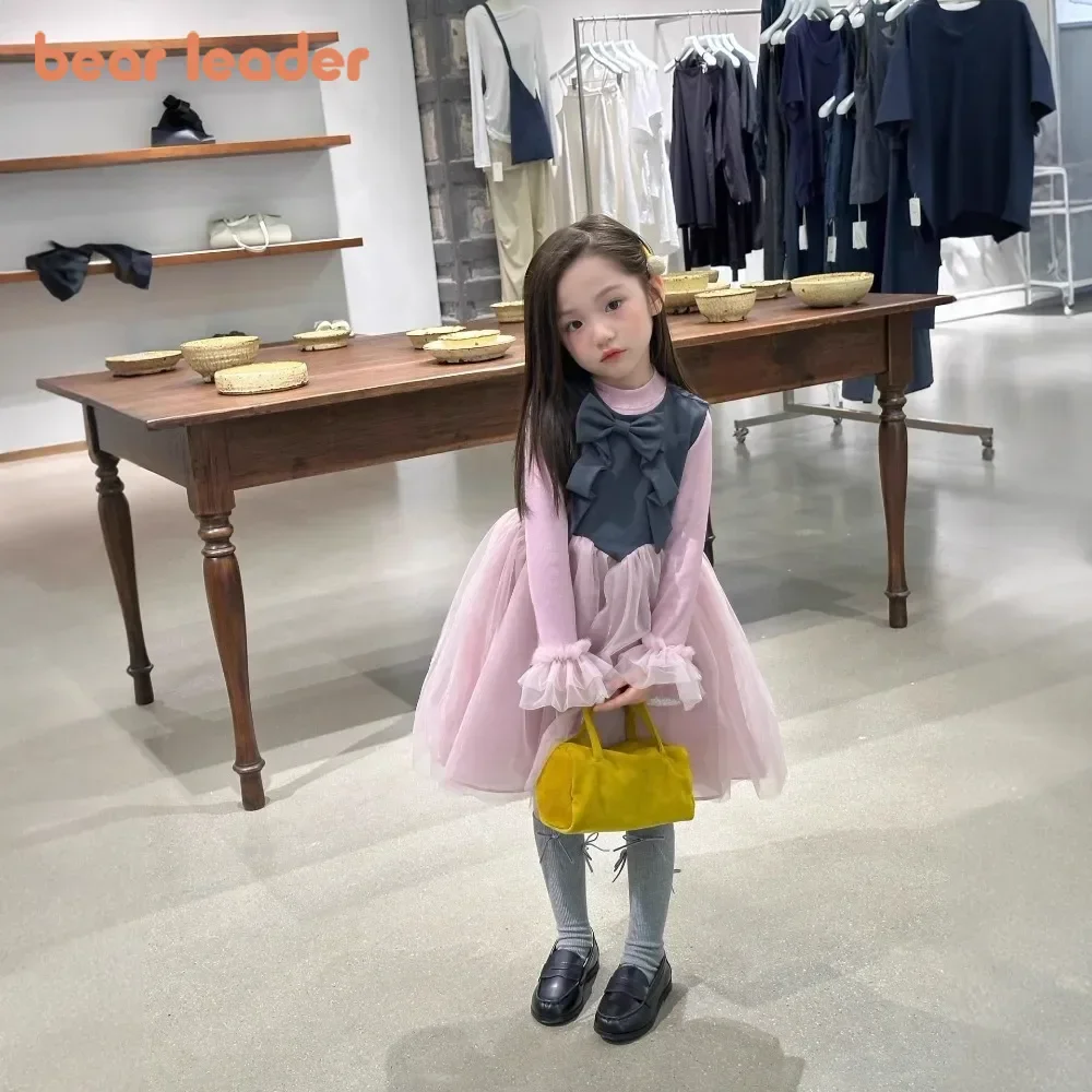 

Bear Leader Autumn Solid Color Girls' Clothing Korean Version Pink Mesh Dress+Bow Vest Two-piece Set Birthday Party Kids Clothes
