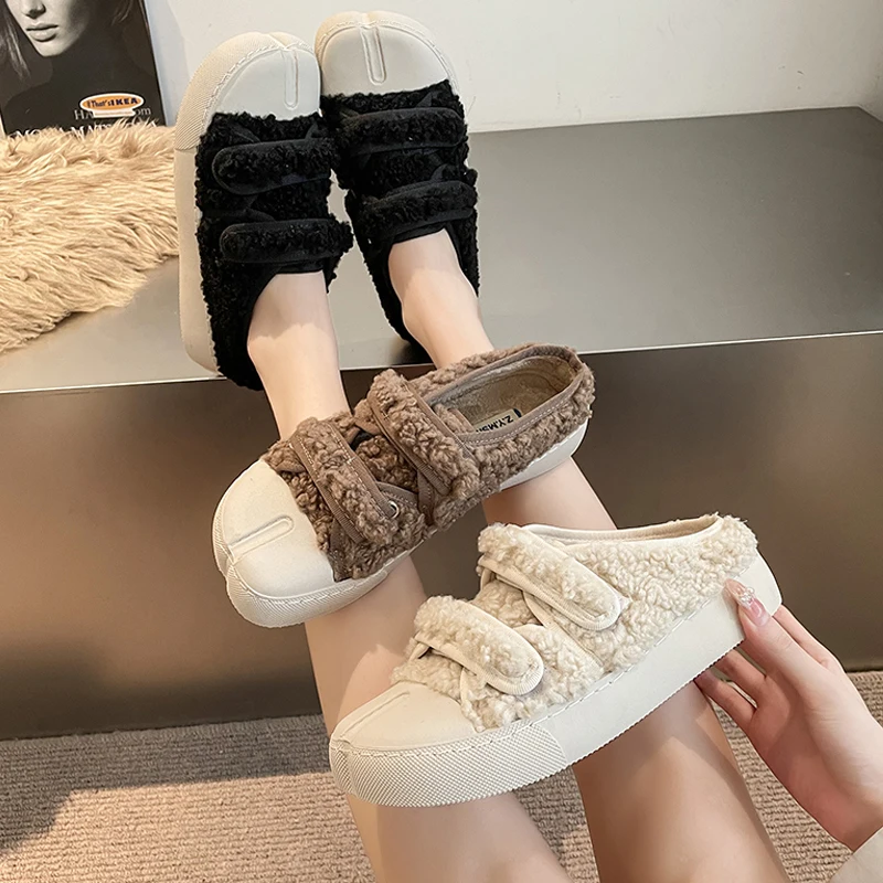 Brand Design Toe Split Sneakers Woman Winter Curly Fur Count Mules Ladies Thick Sole Fluffy Teddy Plush Slip-on Vulcanized Shoes