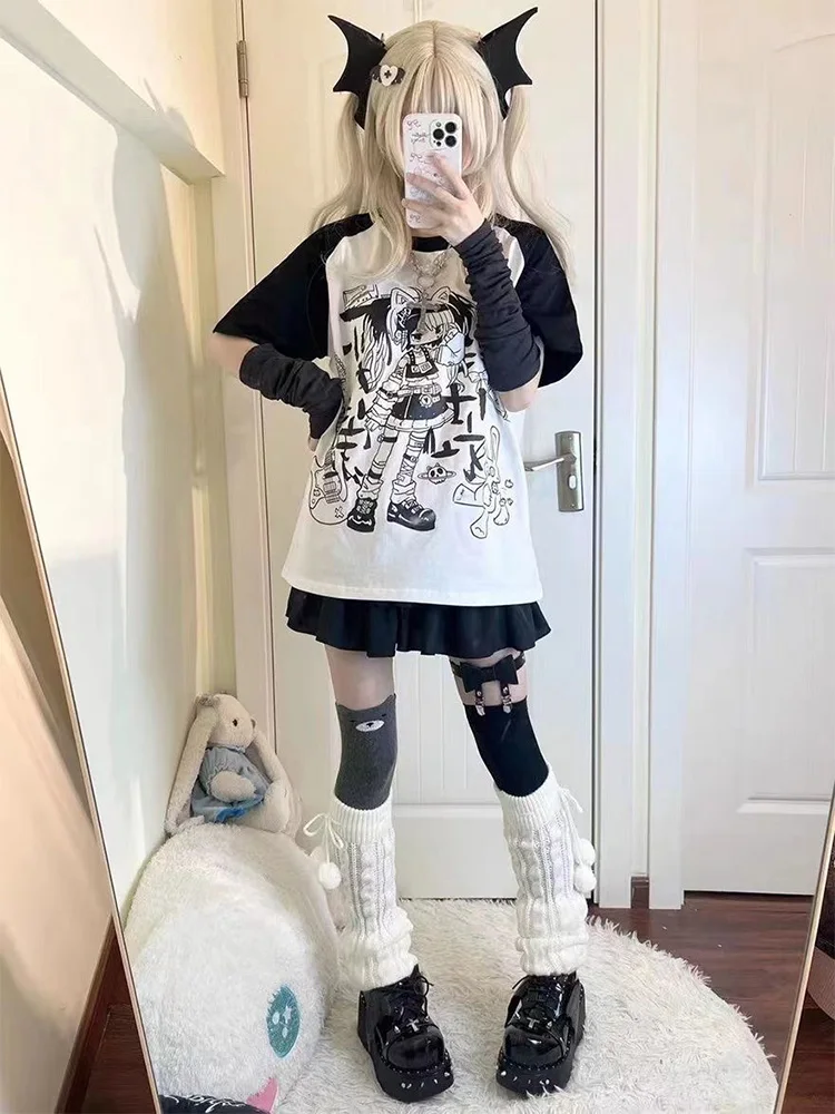 2024 Y2k Japanese Summer Loose T-shirt Women Casual Two-Dimensional Cute Patchwork Short-sleeved T-shirtO Neck Cartoon Tops