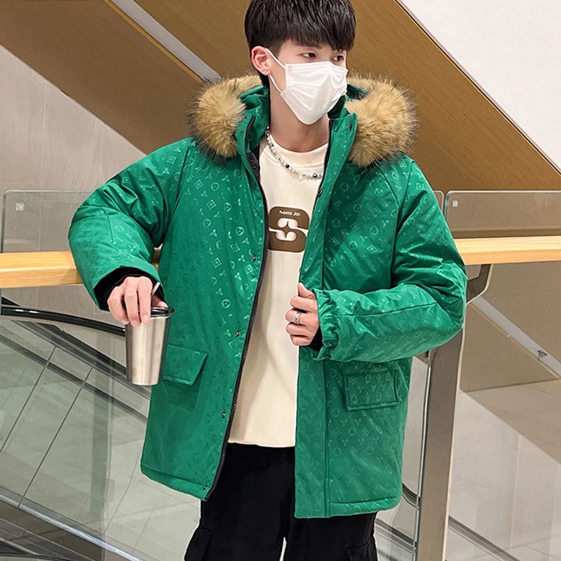 Casaco coreano Harajuku estampado com capuz masculino, Parka à prova de vento, grosso, quente, pele, solto, acolchoado, luxo, inverno, 2024