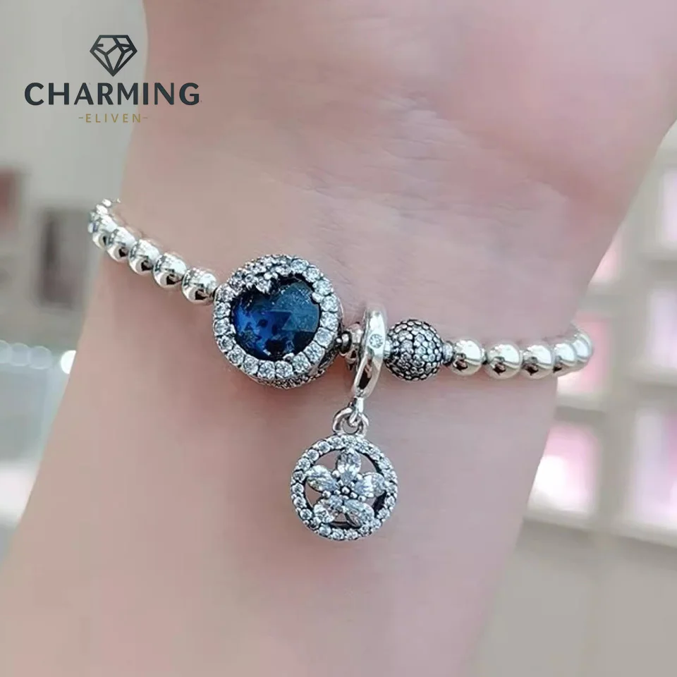 

CHARMING Jewelry S925 Sterling Silver Sparkling Snowflake Pavé Pendant Bracelets Snowflake Blue Bead Bracelet for Jewelry Making