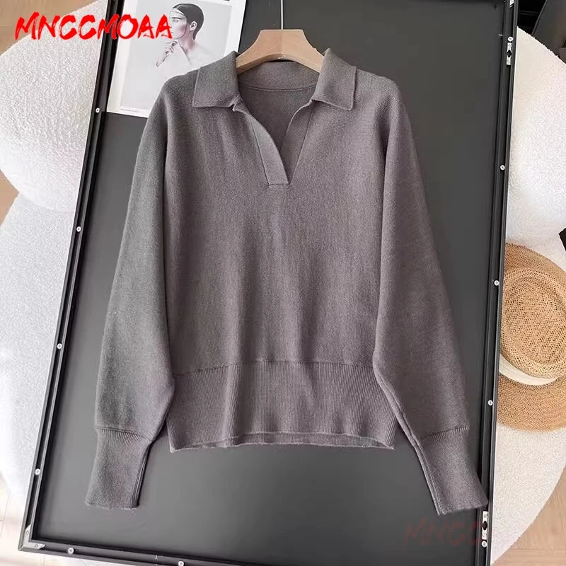 2024 New Autumn Winter Knitted Sweater Woman Fashion Loose POLO Collar Solid Color Female Casual Long Sleeve Knit Pullovers Tops