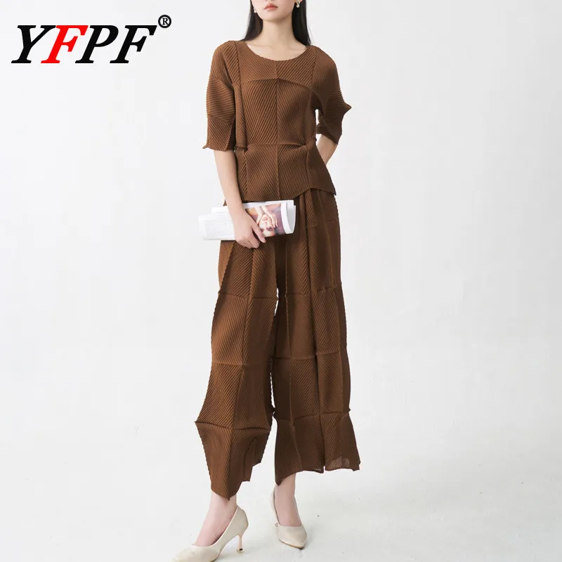 

YFPF Miyake плиссированный женский комплект, однотонный пуловер нестандартного дизайна, топы, длинные брюки, широкие брюки, повседневная новая одежда