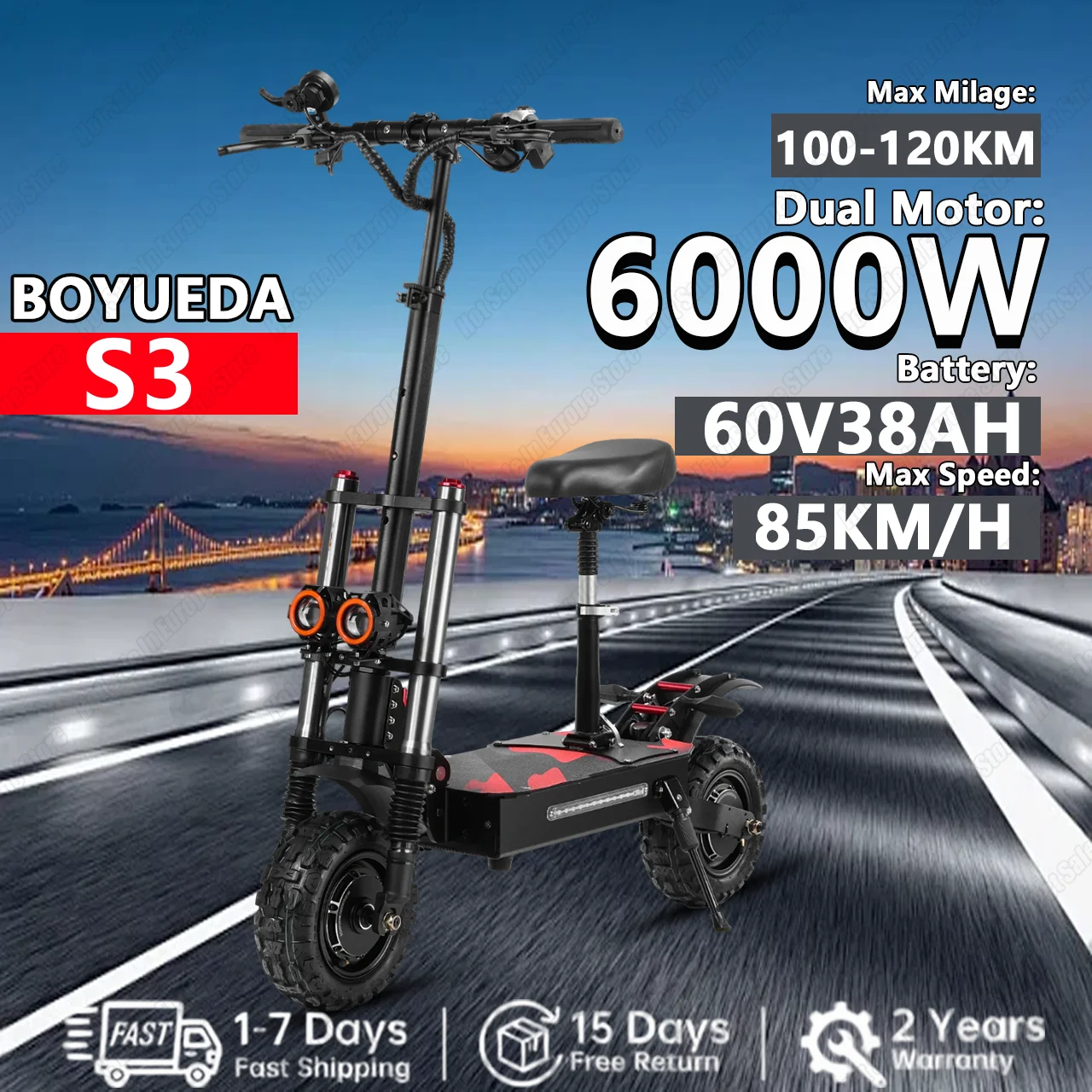 

Boyueda S3 6000W Dual Motor 60V38AH Battery Electric Scooter 11 Inch Adluts Off-road Tire E-Scooter Hydraulic Oil Brake Scooter